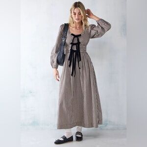 Damson Madder Dakota Brown Plaid bow midi dress size UK 10/US 6